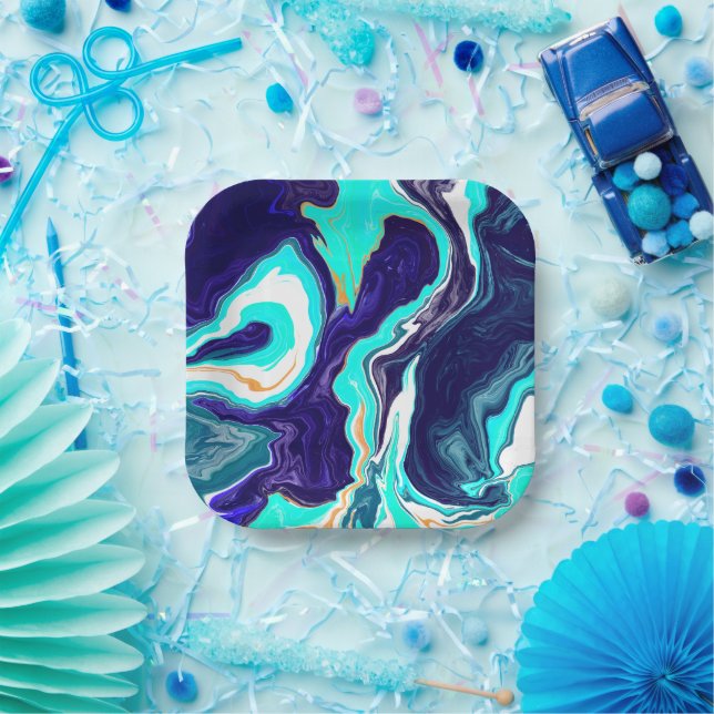  Blue Teal Ocean Swirls Marble Fluid Art Paper Plate (Party)