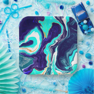  Blue Teal Ocean Swirls Marble Fluid Art  Paper Plate