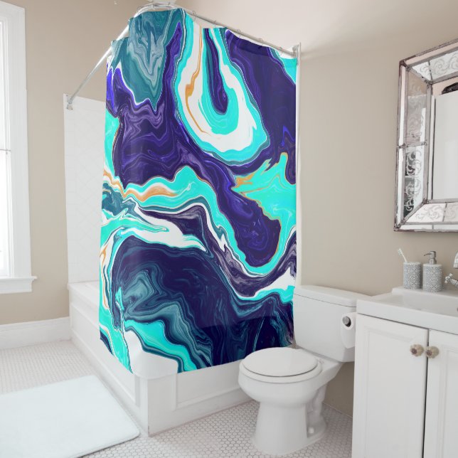  Blue Teal Ocean Swirls Marble Fluid Art   Shower Curtain (In Situ)