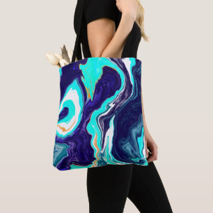 Blue Teal Ocean Swirls Marble Fluid Art Tote Bag