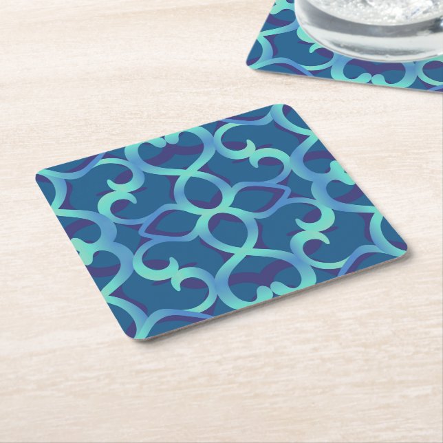 Blue Teal Openwork Lace Pattern Square Paper Coaster (Angled)