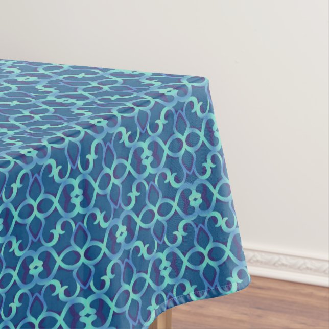Blue Teal Openwork Lace Pattern Tablecloth (In Situ)