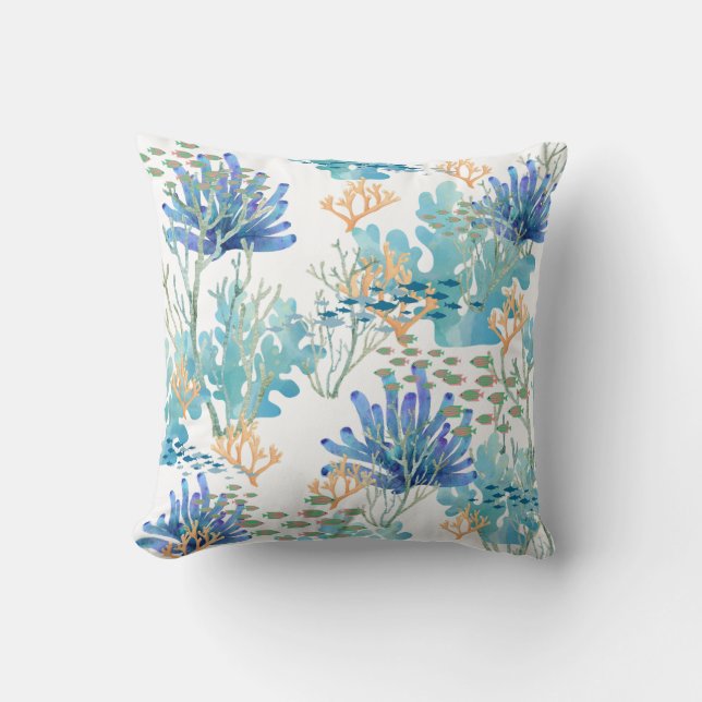Blue Teal Orange Coral Reef Fish Coastal Oceanlife Cushion (Front)
