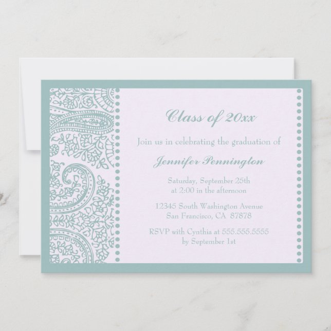 Blue teal paisley graduation party announcement (Front)