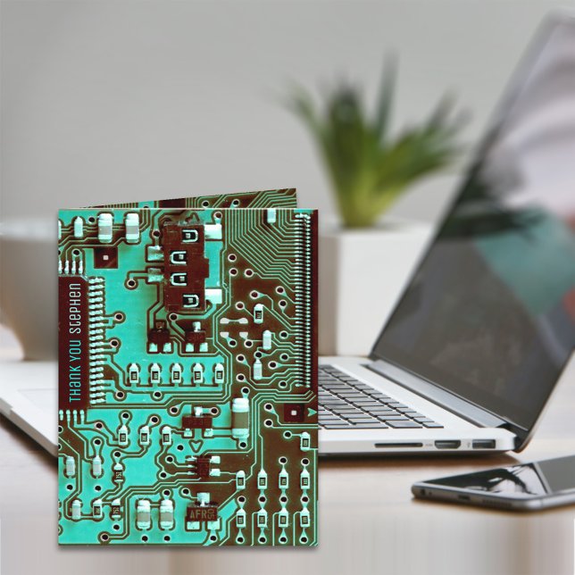 Blue teal PCB board, electronic printed circuit Thank You Card (Creator Uploaded)