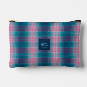 Blue Teal Pink Tartan Personalised Accessory Pouch