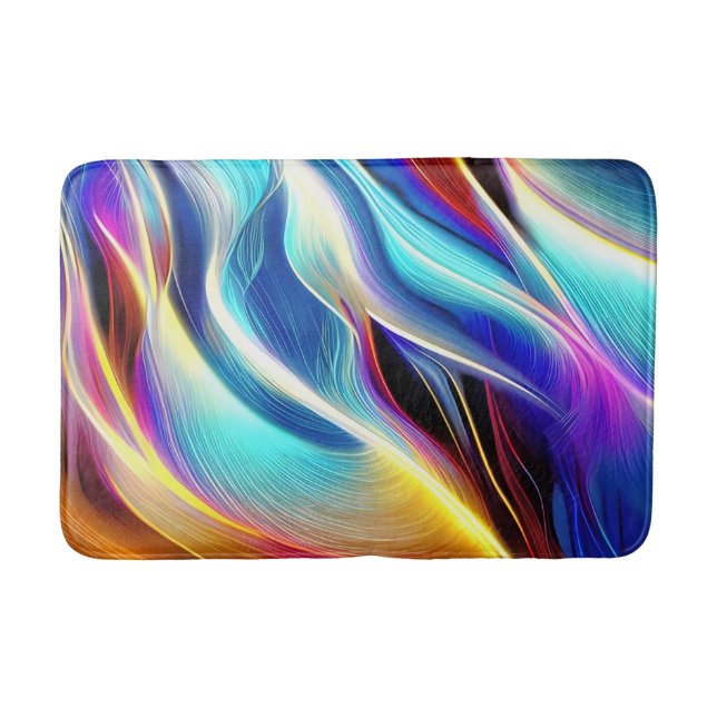 Blue Teal Pink Yellow White Wavy Abstraction Bath Mat (Front)