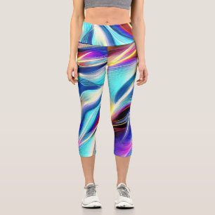 Blue Teal Pink Yellow White Wavy Abstraction Capri Leggings