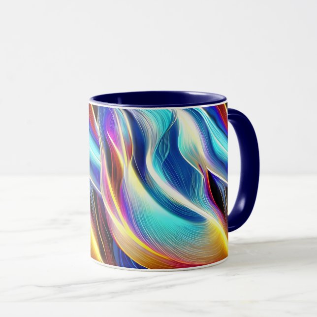 Blue Teal Pink Yellow White Wavy Abstraction Mug (Front Right)