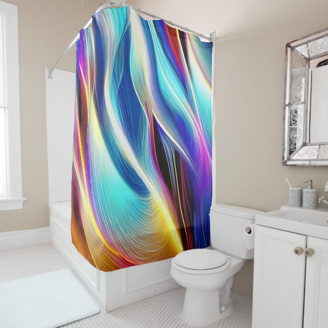 Blue Teal Pink Yellow White Wavy Abstraction Shower Curtain (In Situ)