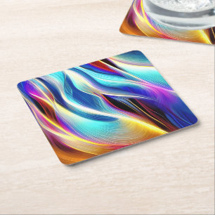 Blue Teal Pink Yellow White Wavy Abstraction Square Paper Coaster