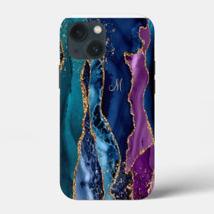 Blue/Teal/Purple Agate w/Gold Veins Monogram iPhone 13 Mini Case
