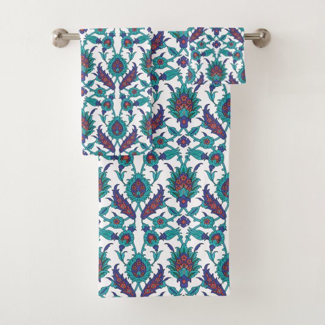 Blue Teal Red White Oriental Floral Pattern Bath Towel Set (Insitu)