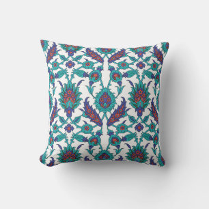 Blue Teal Red White Oriental Floral Pattern Cushion