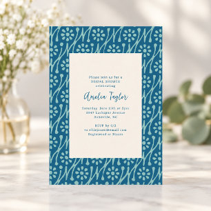 Blue Teal Retro Folk Floral Garden Bridal Shower Invitation
