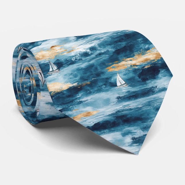 Blue Teal Sailboat Coastal Wave Pattern Tie (Rolled)