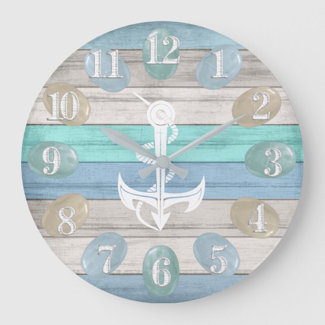 Blue Teal - Sea Glass / Nautical / Anchor Large Clock (Front)