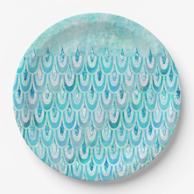 Blue Teal Shiny Mermaid Scales Fish Scales Paper Plate (Front)