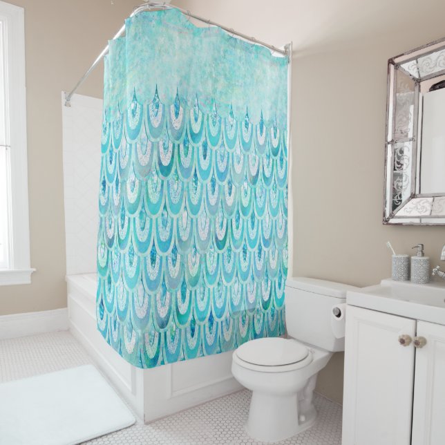 Blue Teal Shiny Mermaid Scales Fish Scales Shower Curtain (In Situ)