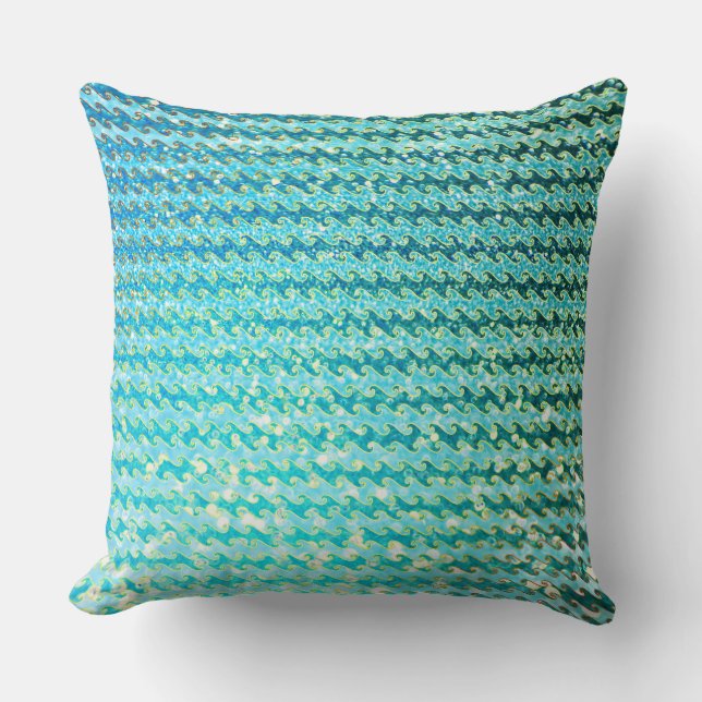 Blue Teal Sparkle Ocean Mermaid Waves Pattern Cushion (Front)