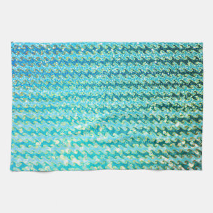 Blue Teal Sparkle Ocean Mermaid Waves Pattern Tea Towel