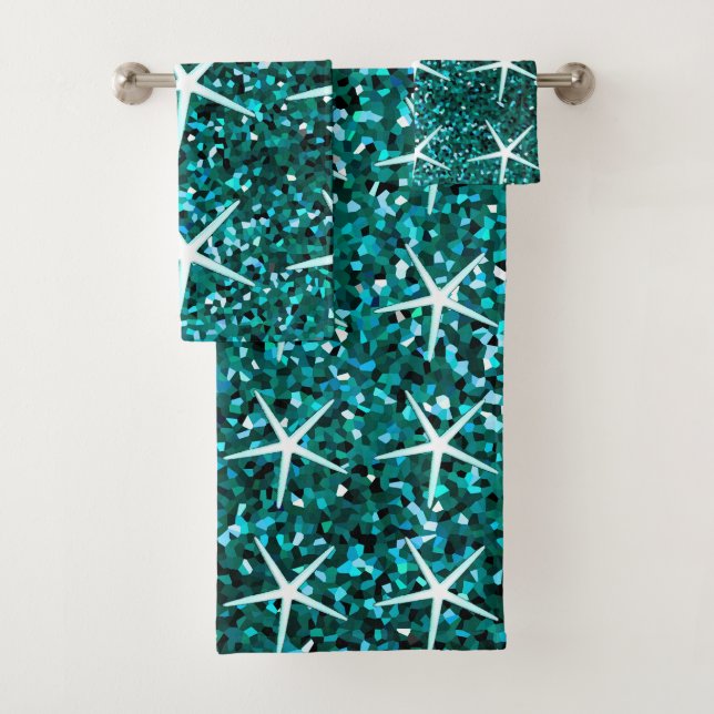 Blue Teal Sparkle Ombre Glittery Starfish Patterns Bath Towel Set (Insitu)