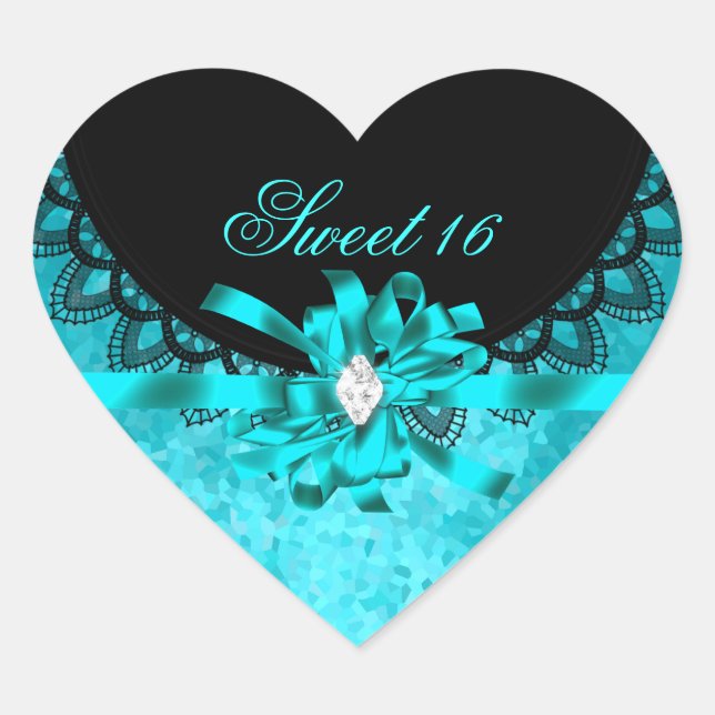 Blue Teal Sweet Sixteen Sweet 16 Black Lace Heart Sticker (Front)