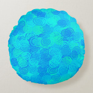 Blue Teal Swirls Pattern Round Cushion