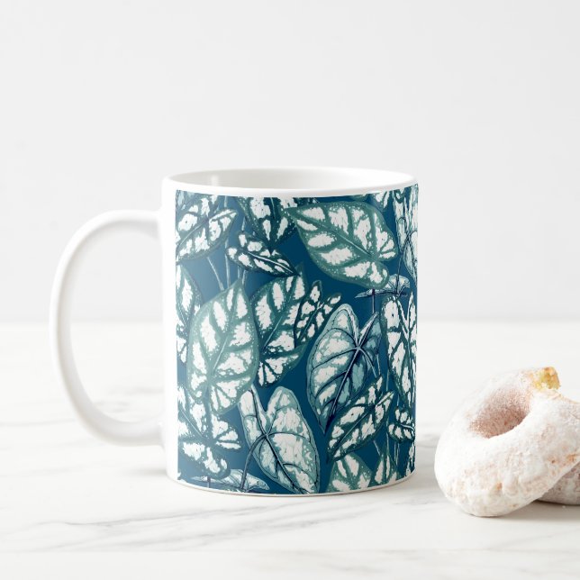 Blue Teal Tropical Leaves Coffee Mug (With Donut)