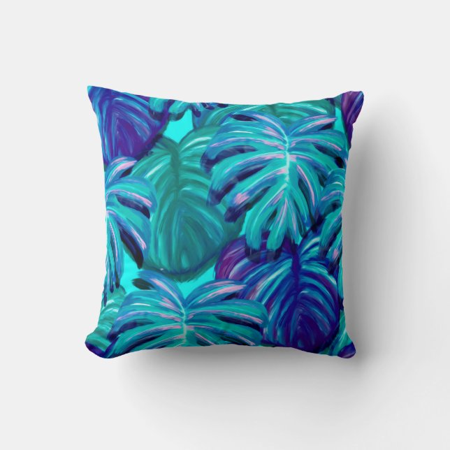 Blue Teal Tropical Leaves Cushion (Front)