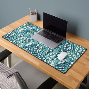 Blue Teal Tropical Leaves Desk Mat