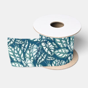 Blue Teal Tropical Leaves Satin Ribbon