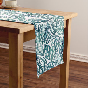 Blue Teal Tropical Leaves Short Table Runner
