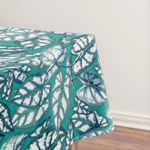Blue Teal Tropical Leaves Tablecloth