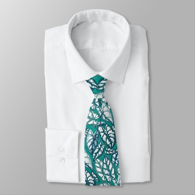 Blue Teal Tropical Leaves Tie (Tied)