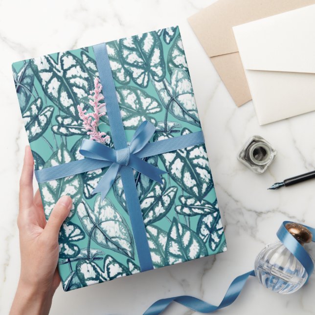Blue Teal Tropical Leaves Wrapping Paper (Gifting)