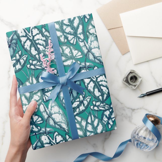 Blue Teal Tropical Leaves Wrapping Paper (Gifting)