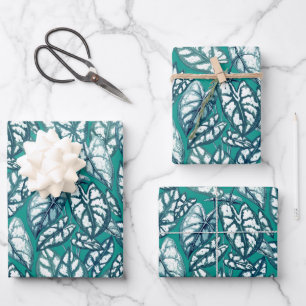 Blue Teal Tropical Leaves Wrapping Paper Sheet