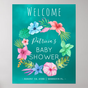 Blue teal tropical wreath baby shower welcome sign