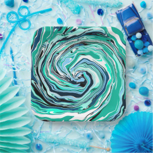 Blue, Teal, Turquoise and White Swirls Marble Art Paper Plate