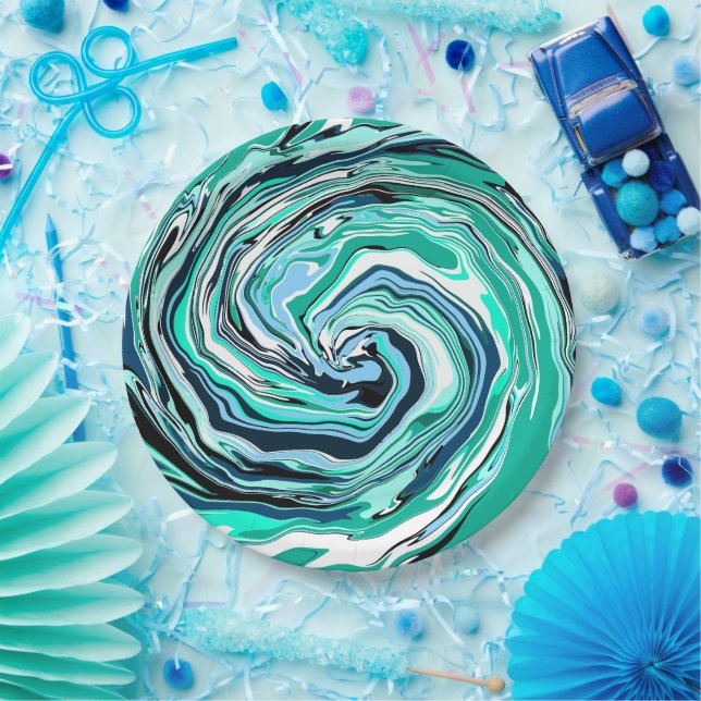Blue, Teal, Turquoise and White Swirls Marble Art  Paper Plate (Party)