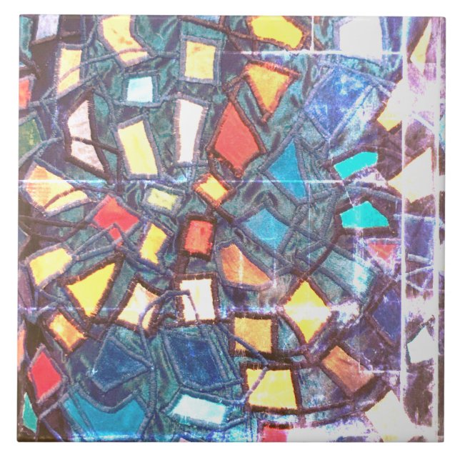 Blue teal vintage distressed colourful yellow red  tile (Front)