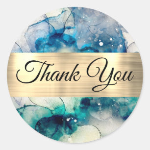 Blue Teal Watercolor and Gold Foil Thank you Classic Round Sticker