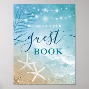 Blue Teal Watercolor Beach Wedding Guest Book Sign