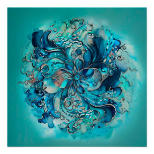 Blue & Teal Watercolor Floral Mandala Poster