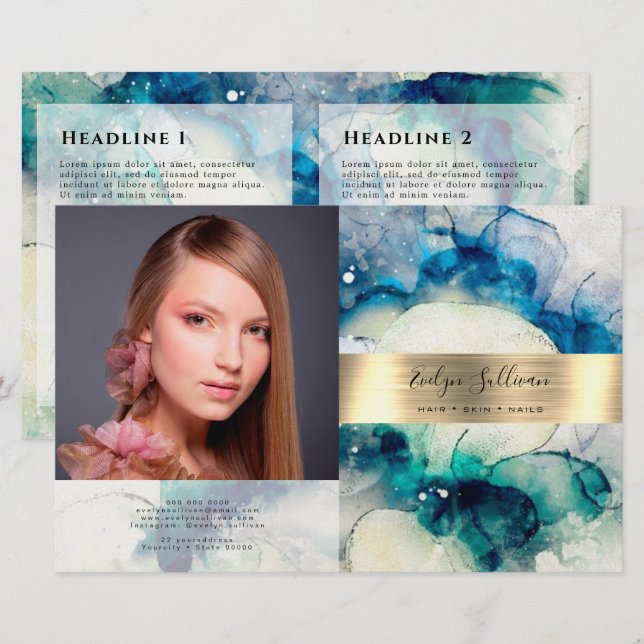Blue teal watercolor gold foil bifold brochure (Front/Back)
