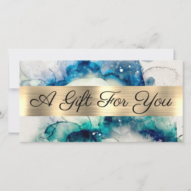 Blue Teal Watercolor Gold Foil Gift Certificate (Front)