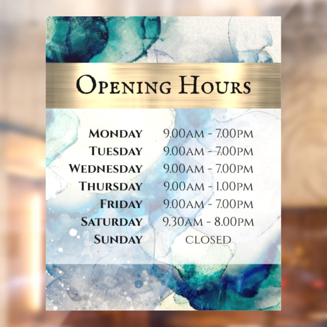 Blue Teal Watercolor Opening Hours Window Cling (Sheet 2)