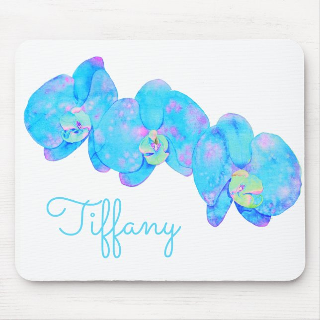 Blue Teal watercolor orchids Mouse Pad (Front)