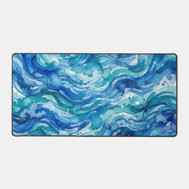 Blue Teal Watercolor Sea Pattern Desk Mat (Front)